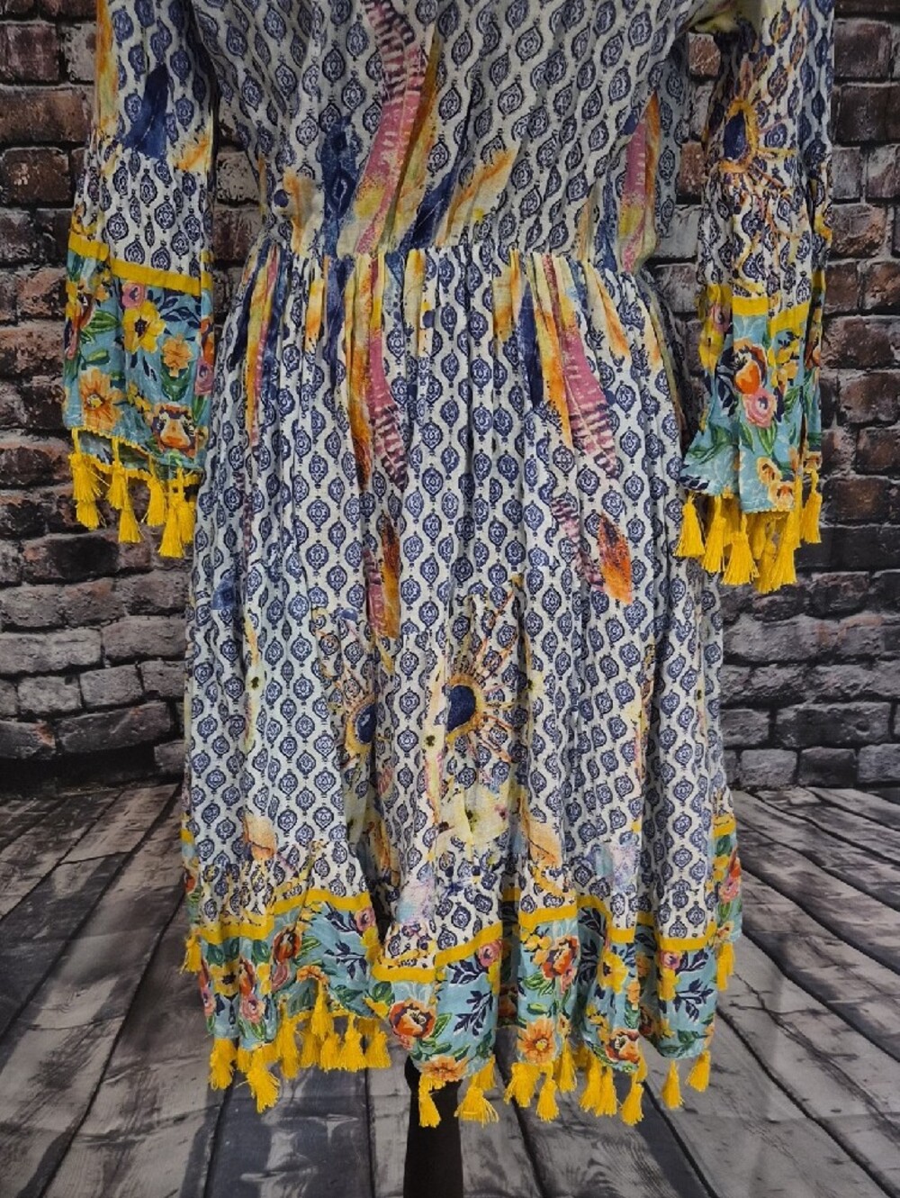 Antica Sortoria Embroidered Floral Long-Sleeve Tassel Dress in Blue and Yellow - Picture 11 of 12